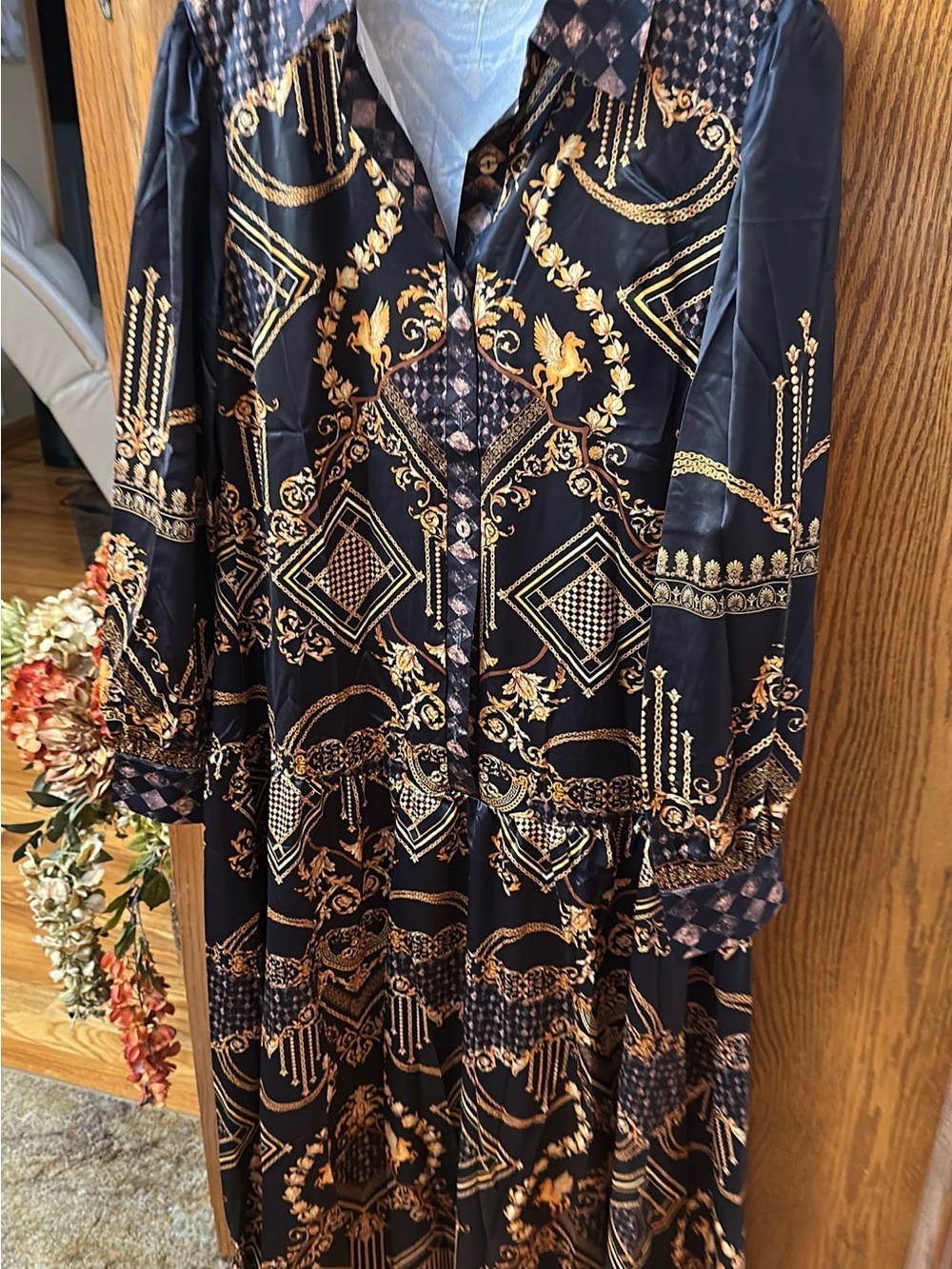 Black Maxi Dress with Gold Chain Print